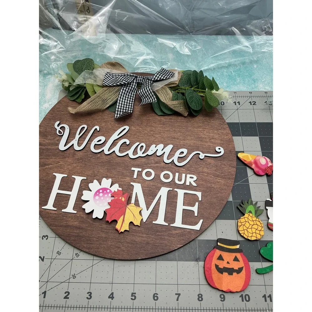 Interchangeable Welcome To Our Home Sign 12in Round Wood Farmhouse Door Decor